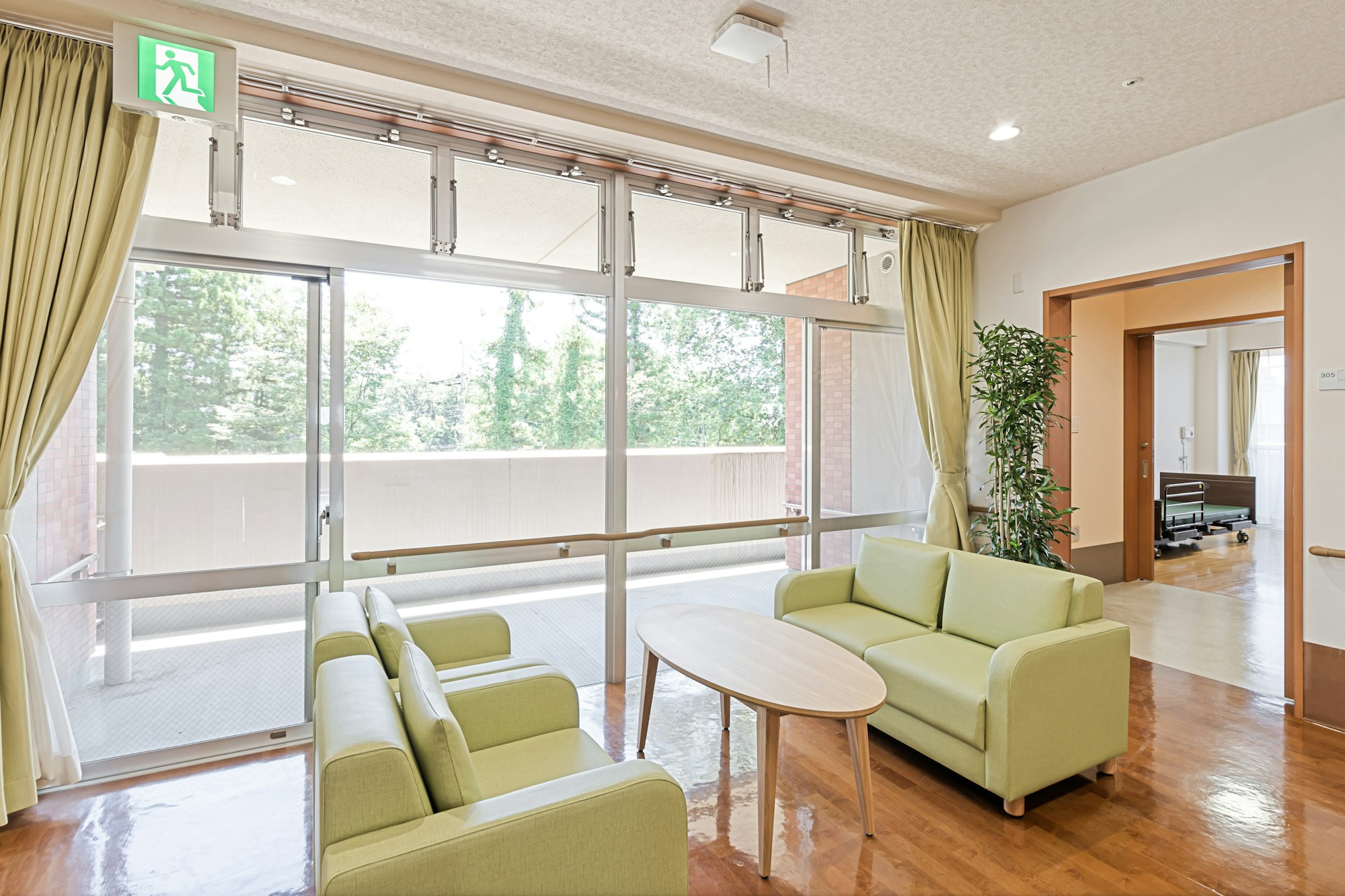 Comfortable shared lounge with sofas and tables