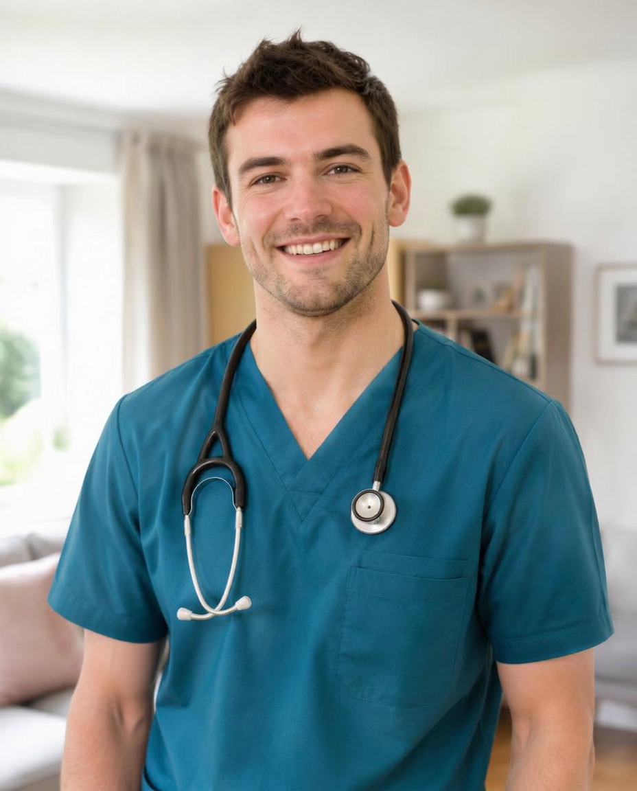 Smiling male nurse in teal scrubs with a stethoscope