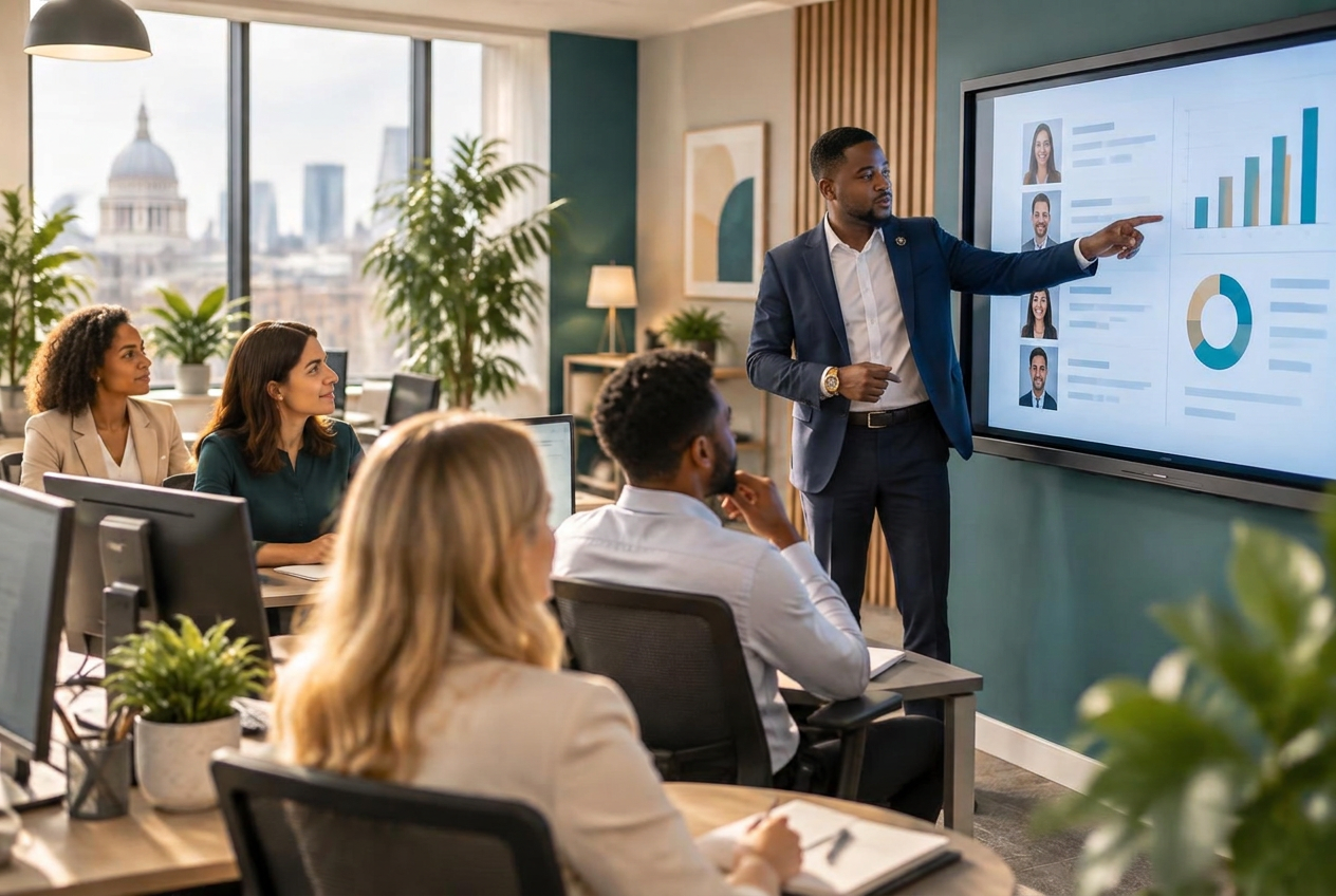 Recruitment team at their computers while a manager explains candidate data on a digital board
